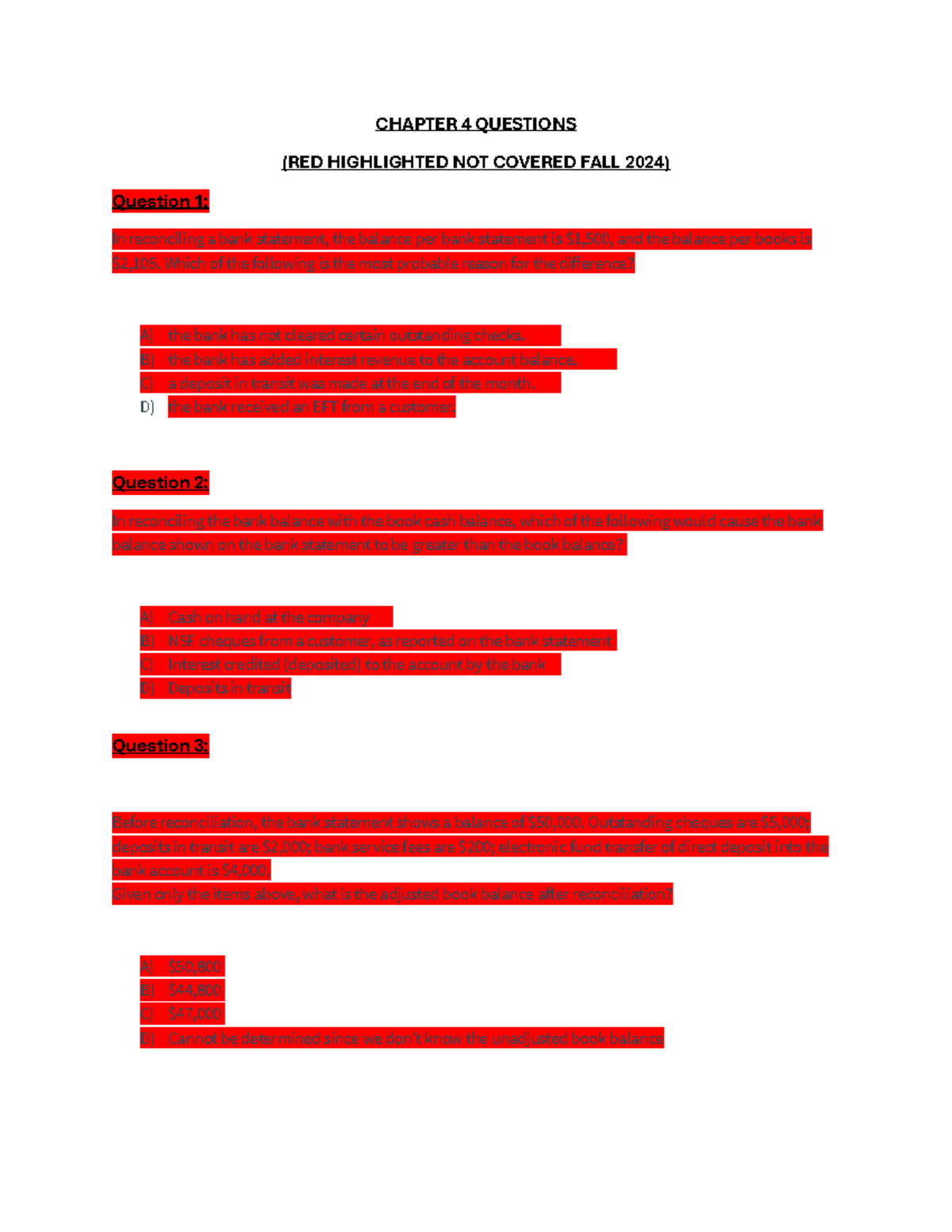 Chapter 4 Practice Questions - CHAPTER 4 QUESTIONS (RED HIGHLIGHTED NOT ...
