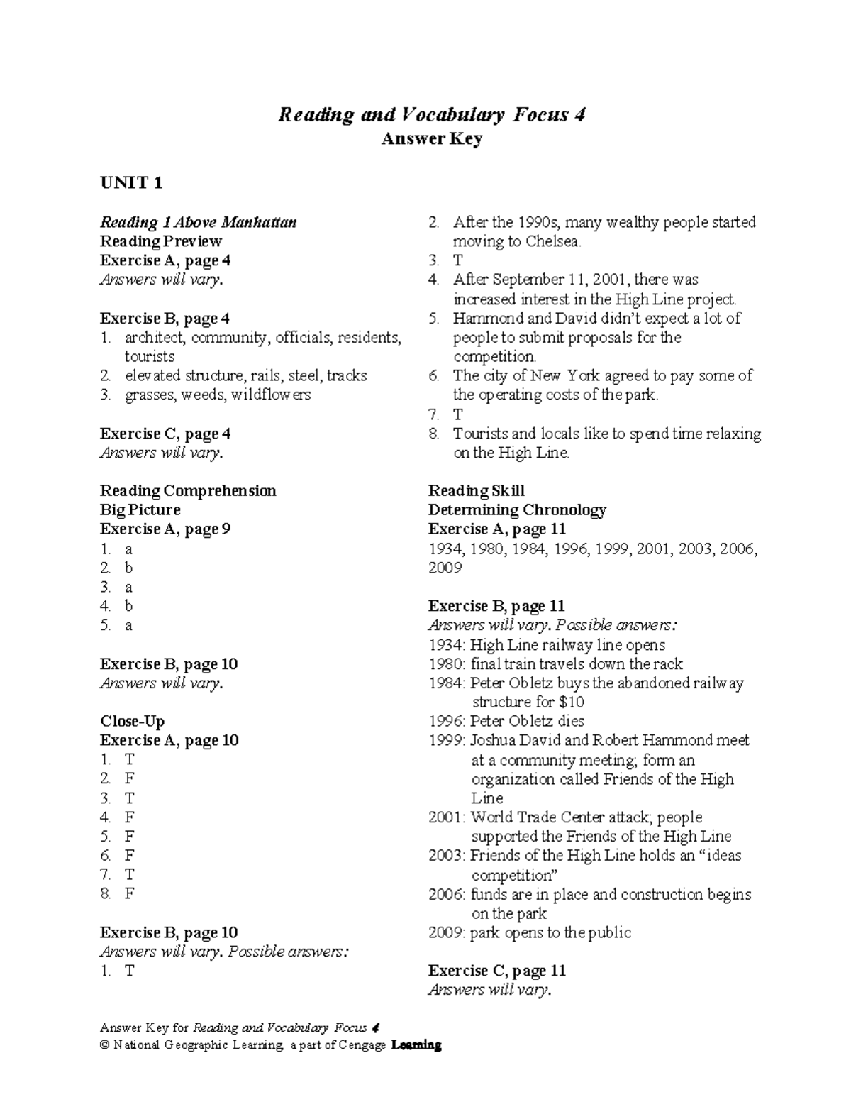 Lv. 4 AK - Reading and Vocabulary Focus Answer Key - Studocu