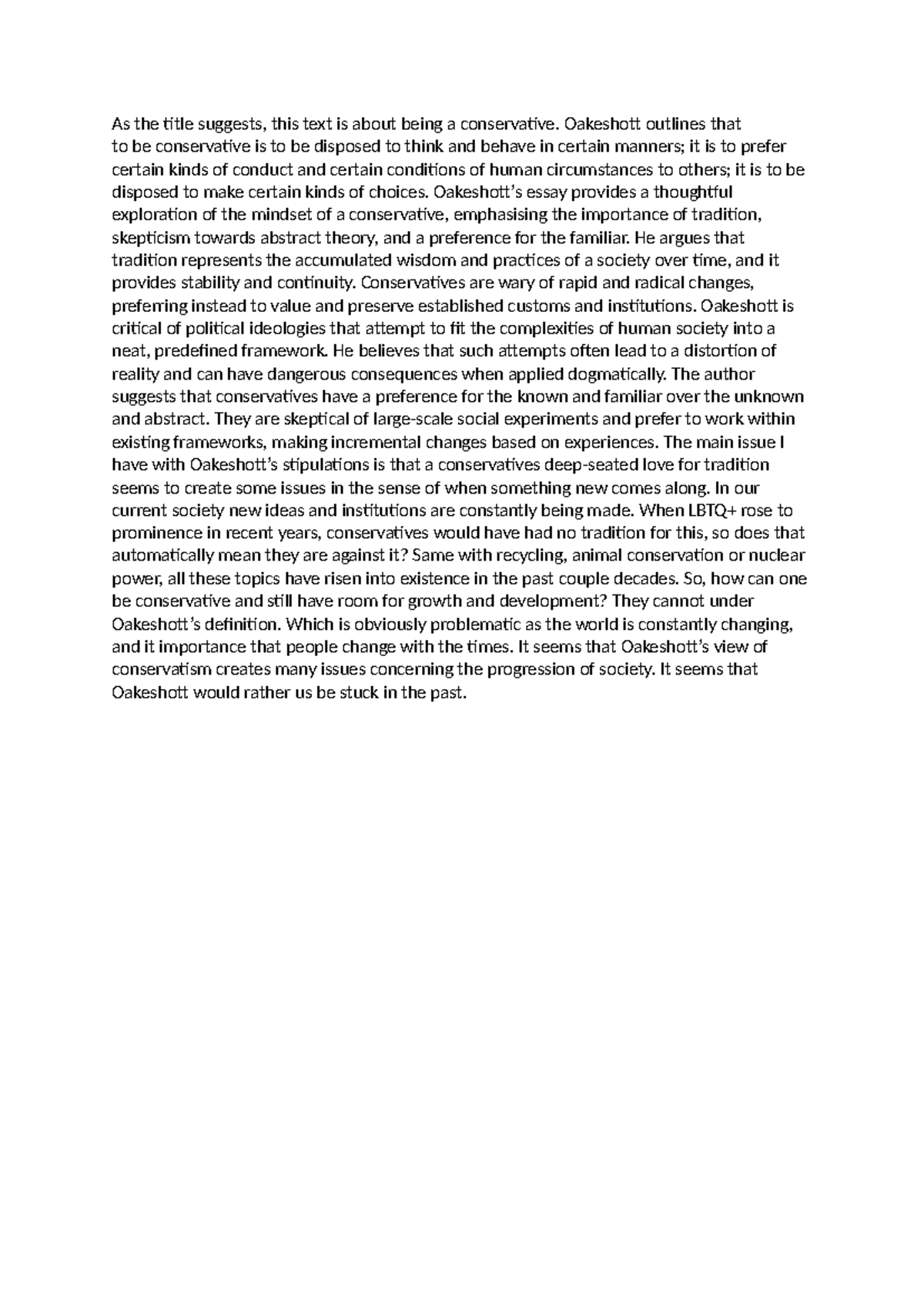 Reading Report 5: Exploring Oakeshott's Conservative Mindset - Studocu