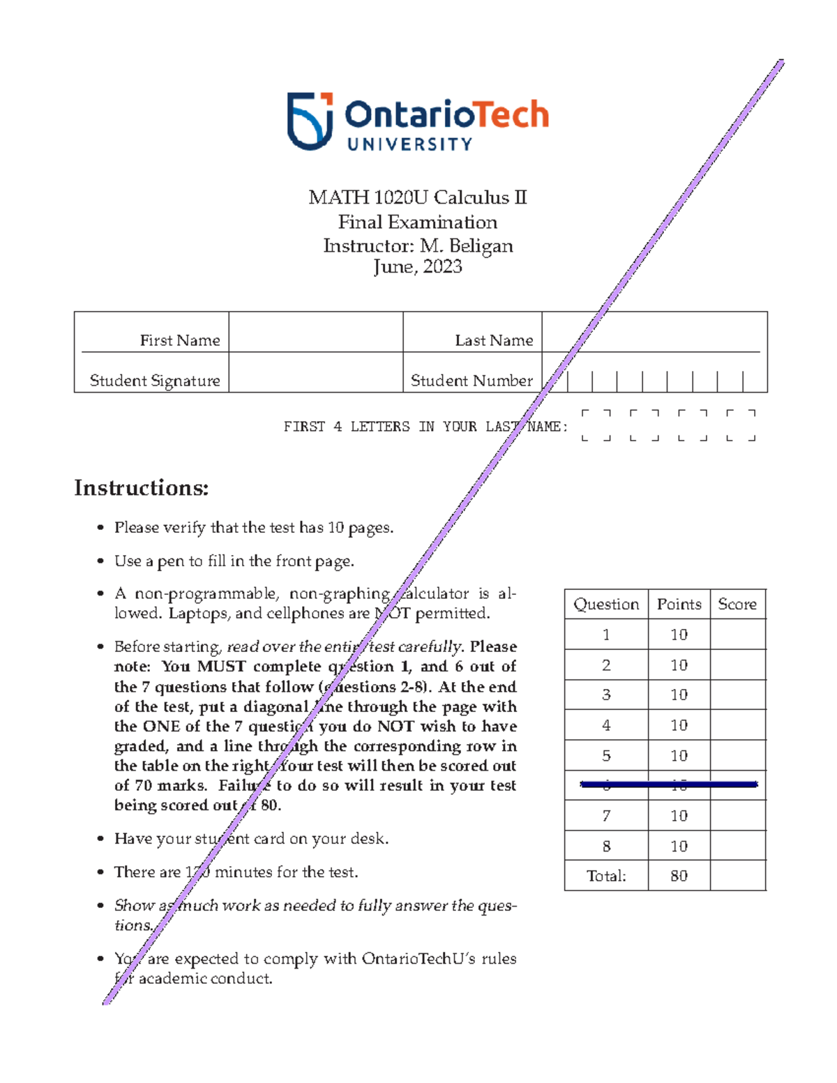 MATH 1020U Calculus II Final Exam Instructions & Cover Sheet - Studocu