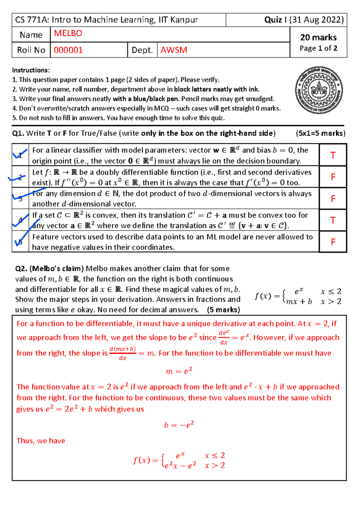 CS 771A: Quiz I Solutions - Intro to Machine Learning 2022-23 - Studocu