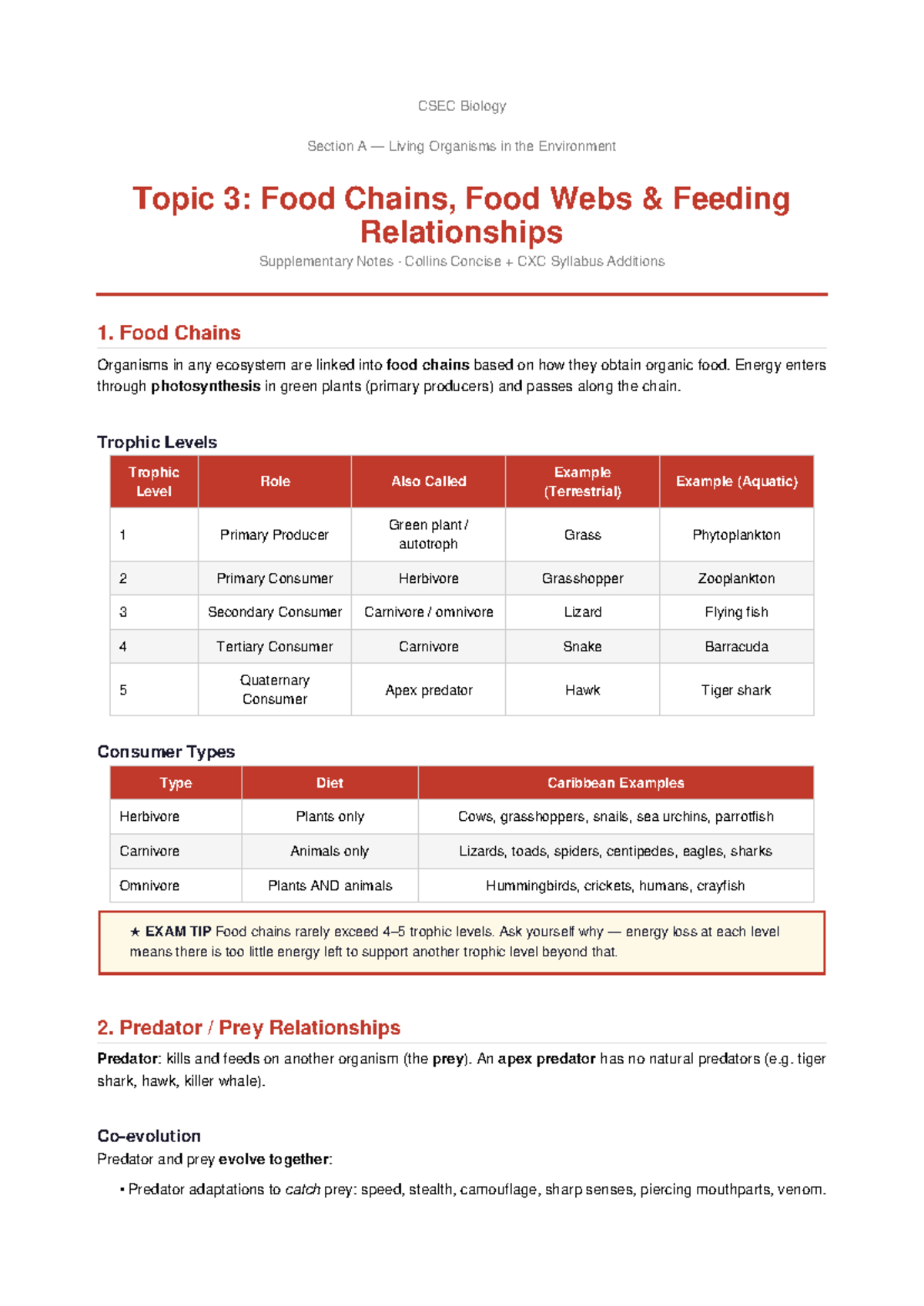 CSEC Biology Section A: Food Chains & Feeding Relationships Notes - Studocu