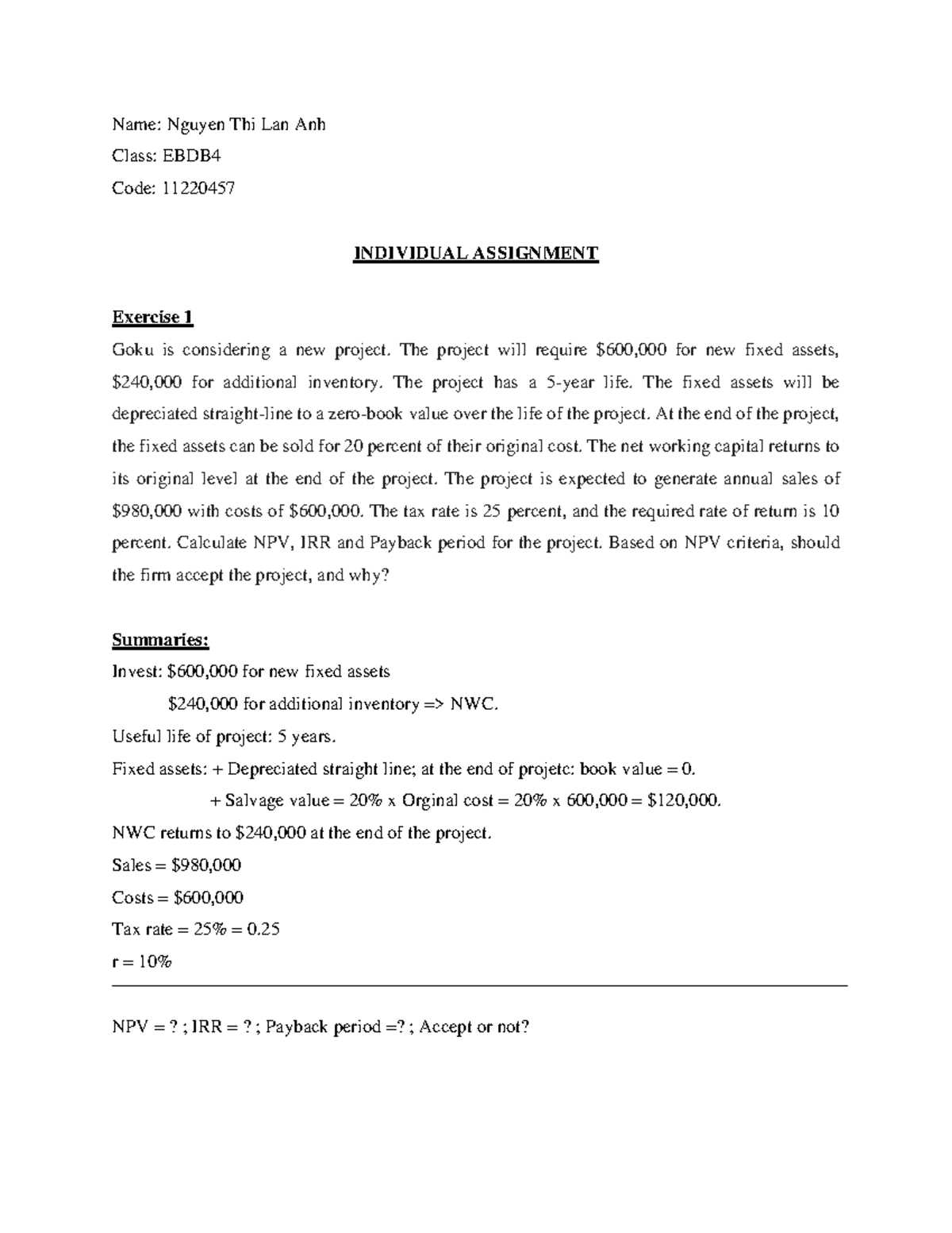 EBDB 11220457: Individual Assignment on Project Financial Analysis ...