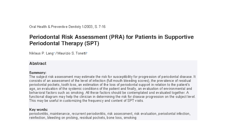 PRA for Periodontal Risk Assessment in Supportive Therapy (SPT) - Studocu