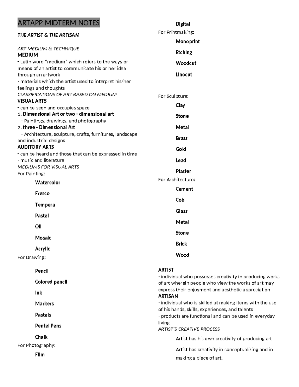ARTAPP MIDTERM NOTES: ARTIST, ARTISAN, AND ART MEDIUMS - Studocu