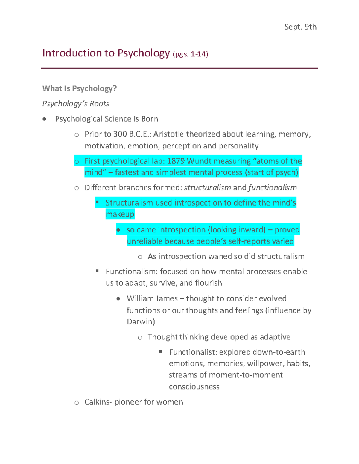 Introduction to Psychology Notes - Lecture 1 Overview - Studocu
