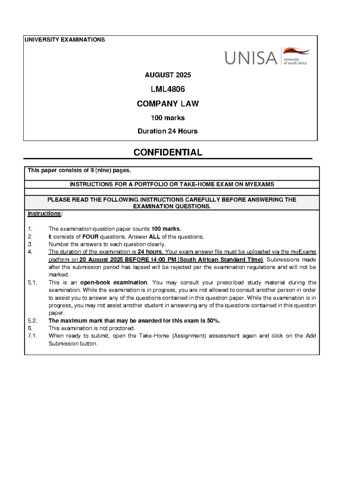 LML4806 Company Law Final Exam Paper - August 2025 - Studocu