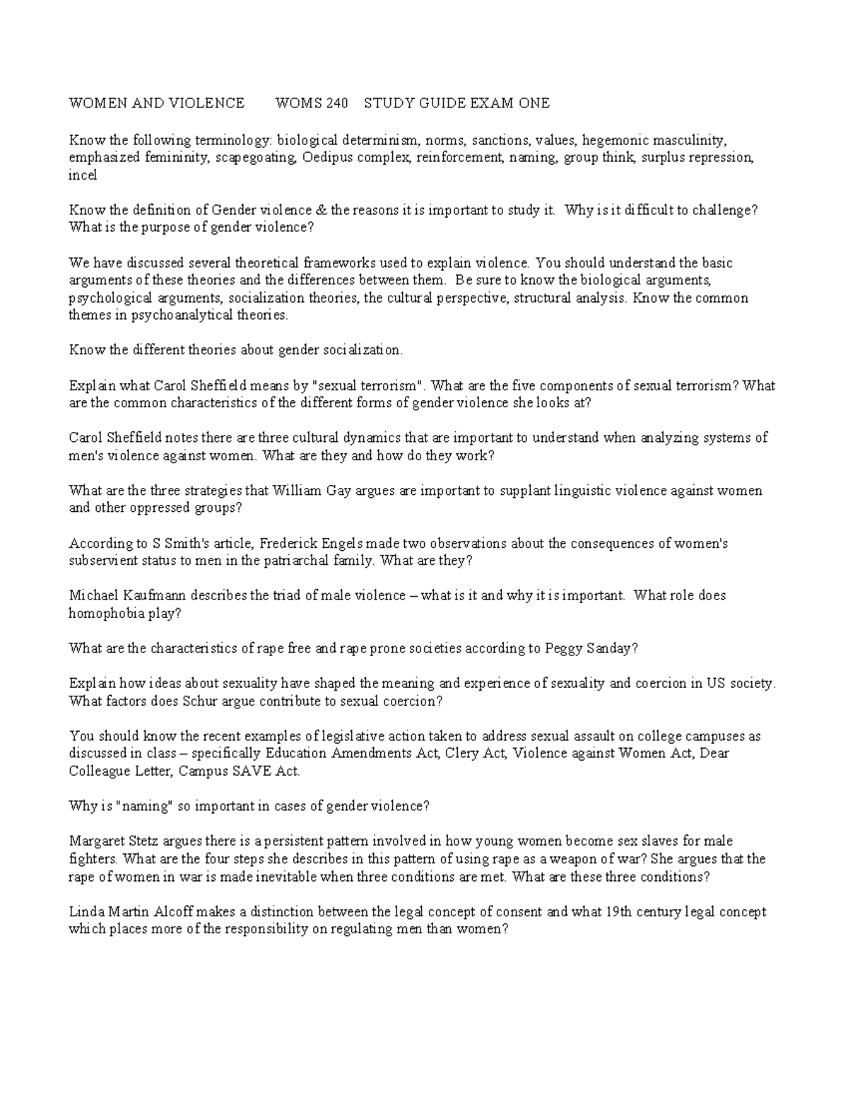 240 Study Guide Exam One 2022 Fall - Tagged - WOMEN AND VIOLENCE WOMS ...