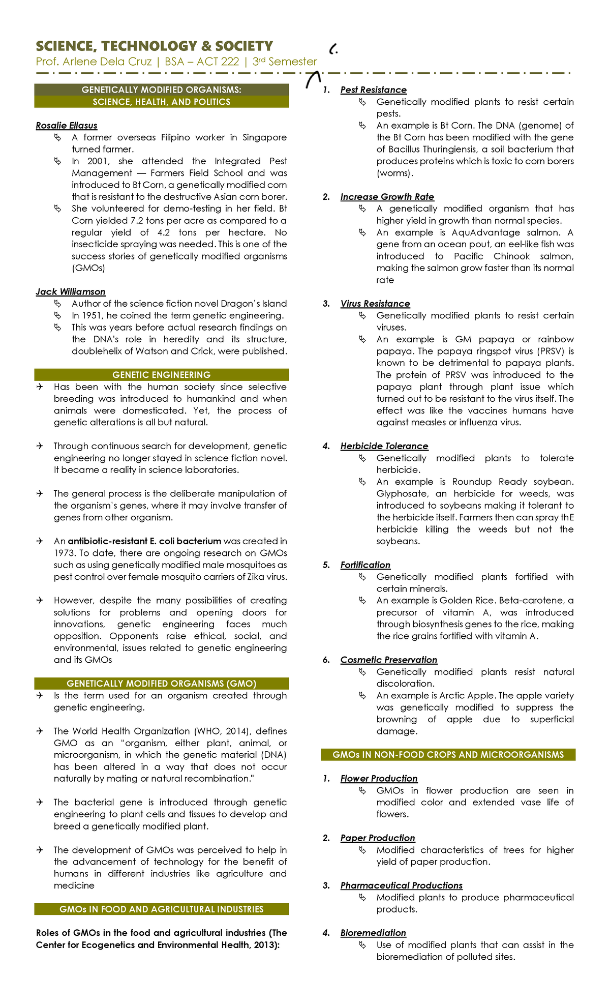 STS 3rd Sem: Reviewer on Genetically Modified Organisms and Gene ...