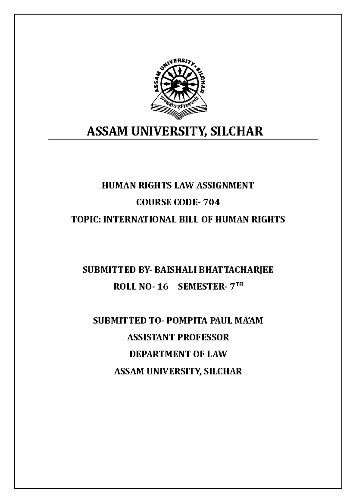 HR Assignment 704 - Human Rights - HUMAN RIGHTS LAW ASSIGNMENT COURSE ...