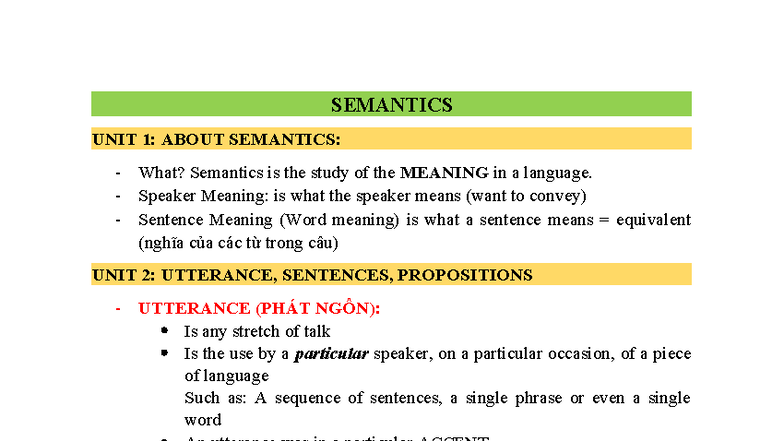 ĐỀ CƯƠNG NGỮ NGHĨA: SEMANTICS UNIT 1-20 OVERVIEW - Studocu
