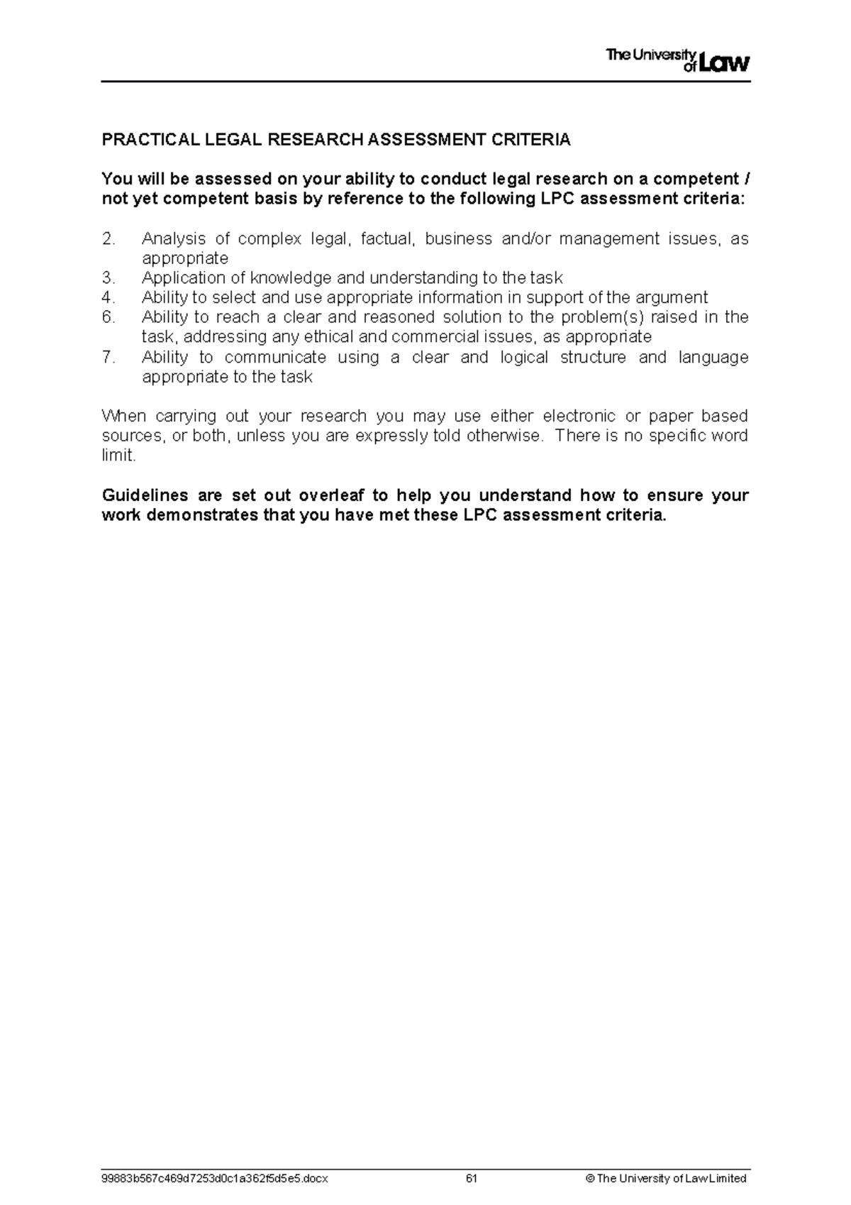 Practical Legal Research Guidelines for LPC Assessment Criteria - Studocu