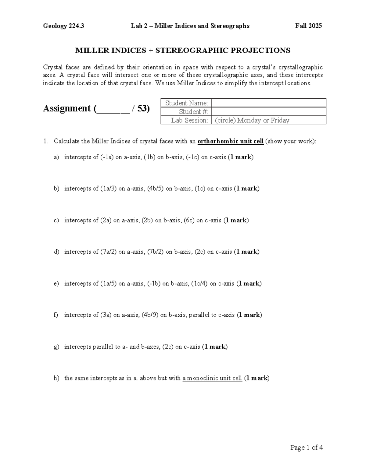 GEOL 224.3 Lab 2: Miller Indices & Stereographs (Fall 2025) - Studocu