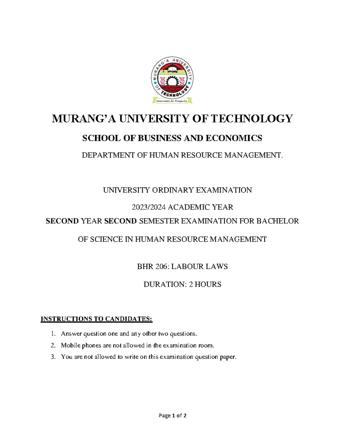 BHR 206: Labour Laws - HR Management Exam Notes - Studocu