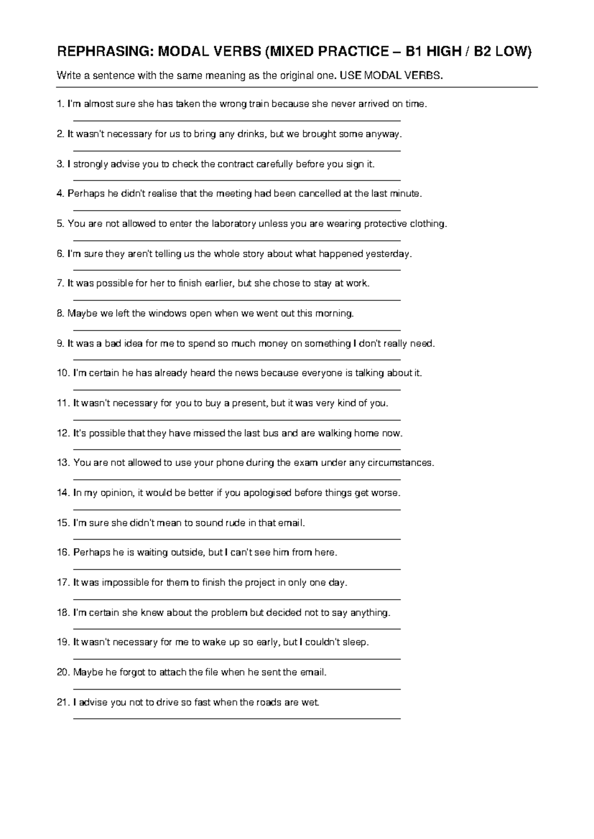 Rephrasing Modal Verbs (Mixed Practice B1 High B2 Low) - Studocu