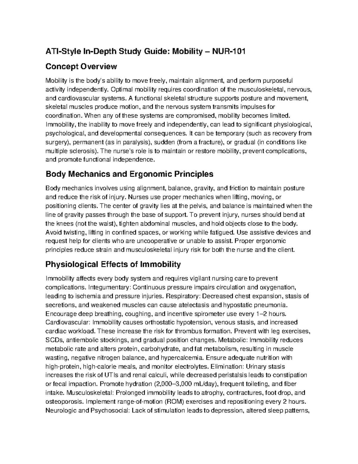 Mobility Study Guide: Key Concepts and Nursing Care Strategies - Studocu
