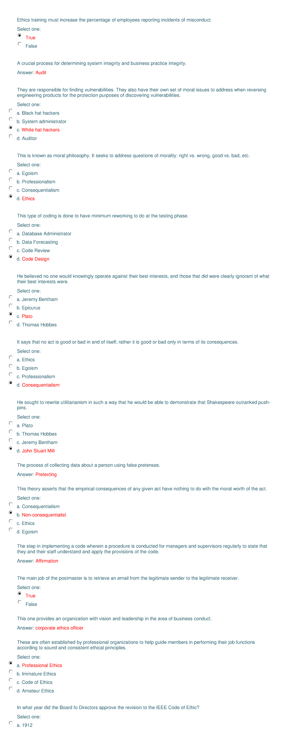 Ethics Training - Multiple Choice Questions and Answers (05552242 ...