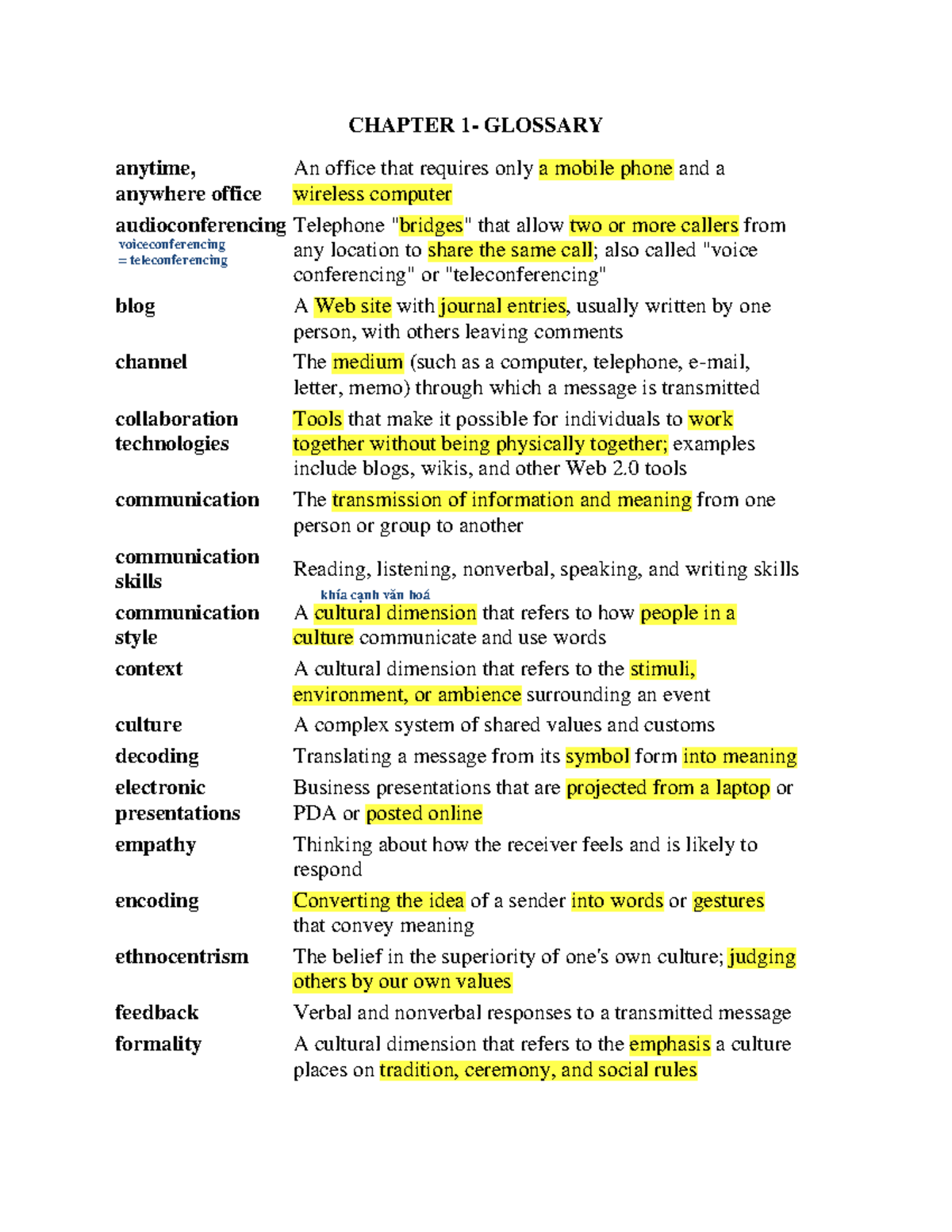 CHAPTER 1 GLOSSARY: Key Terms in Communication and Collaboration - Studocu