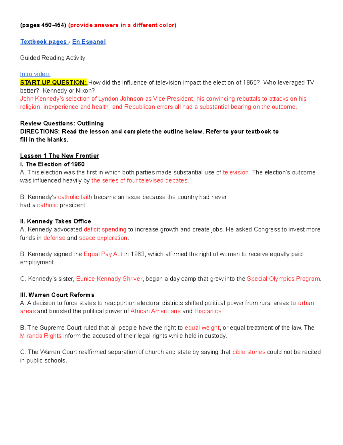 "US History Guided Reading-2: The New Frontier & 1960 Election Impact ...