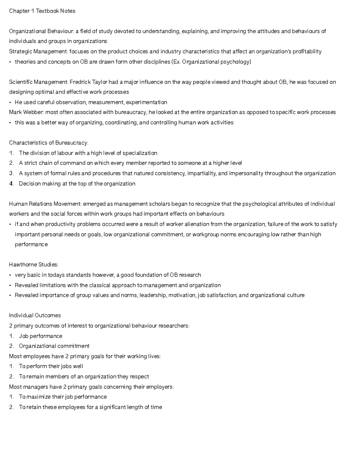 Ch 1 Textbook Notes - Chapter 1 Textbook Notes Organizational Behaviour ...