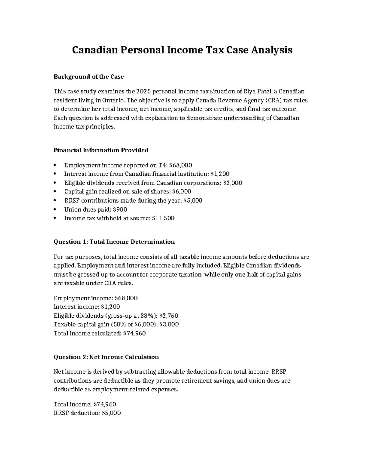 Canadian Personal Income Tax Case Study Analysis (2025) - Studocu