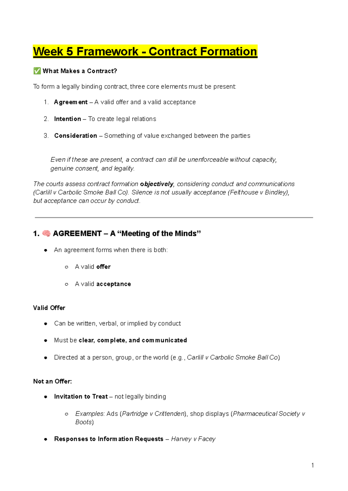 Week 5 Notes: Framework of Contract Formation and Key Elements - Studocu