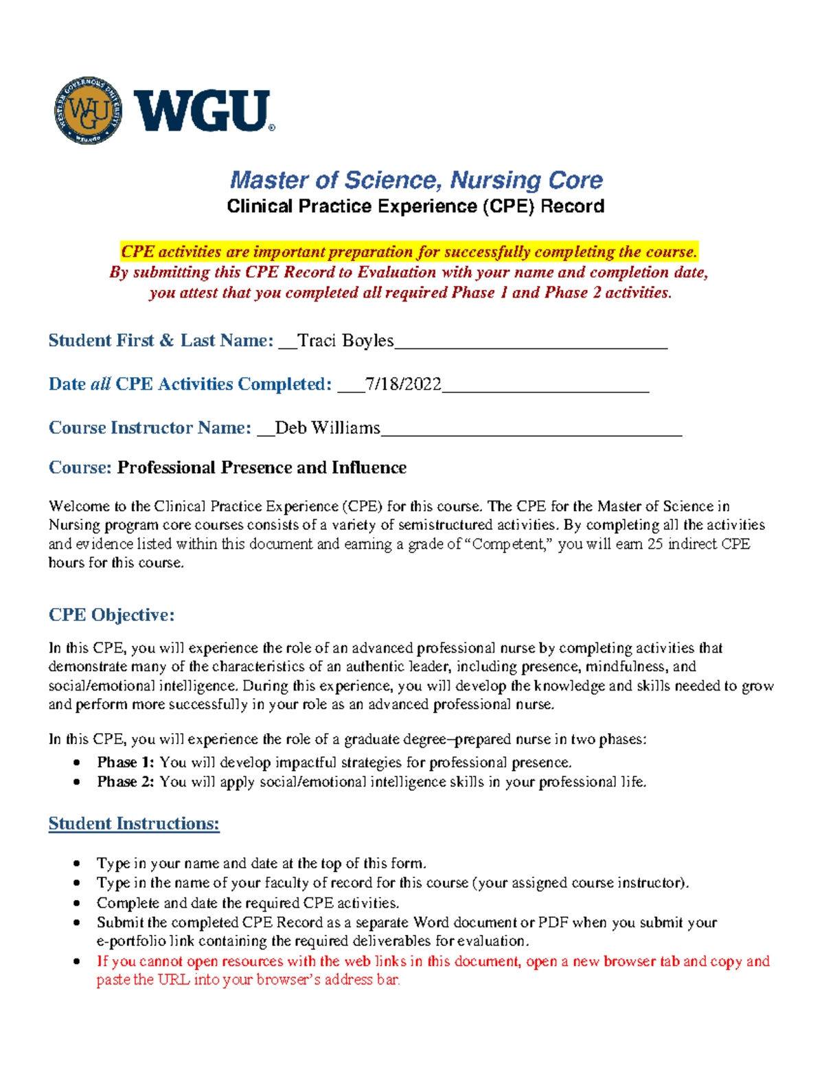 Master of Science Nursing CPE Record: Professional Presence & SEI ...