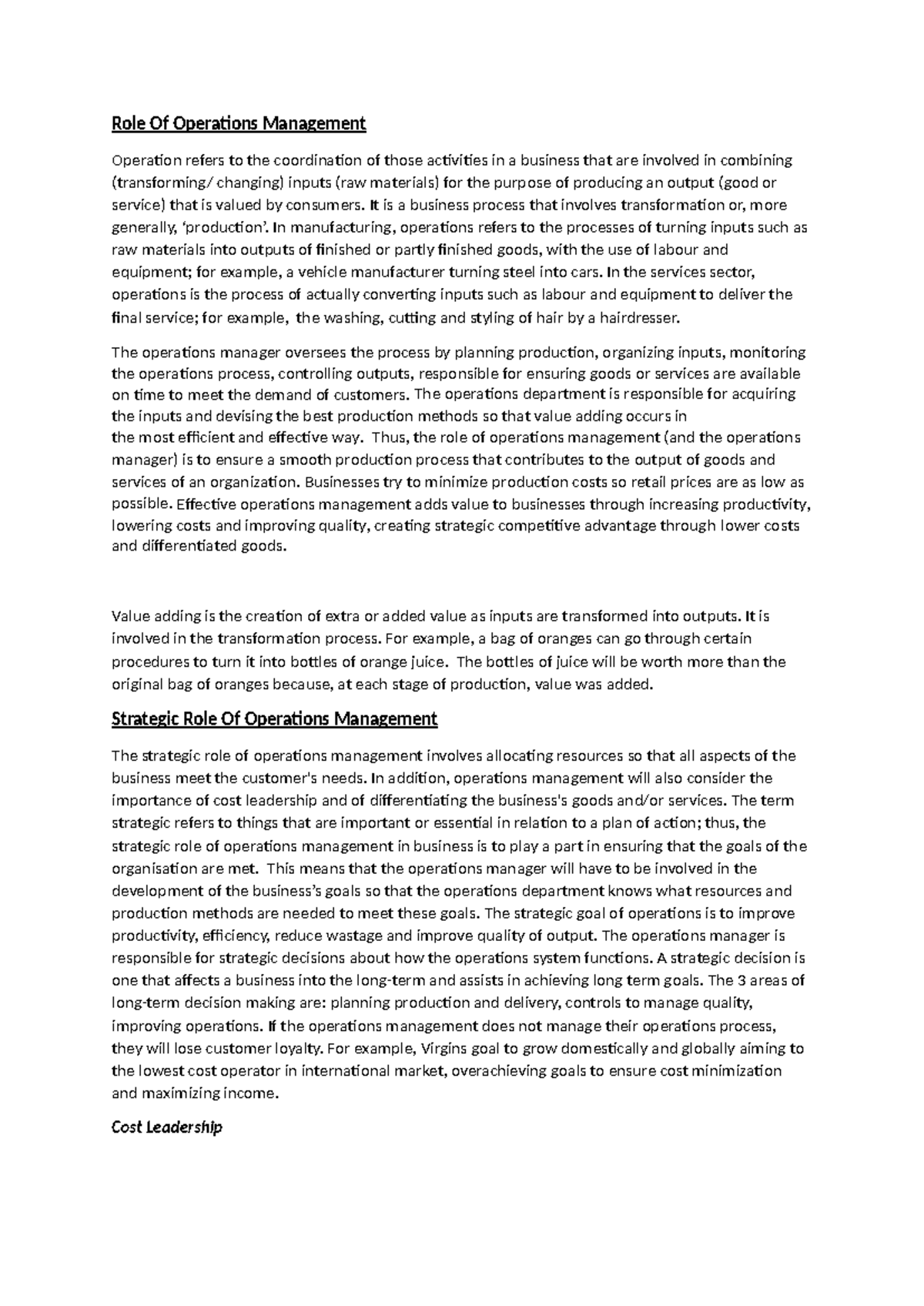 Operations Notes Business- 2023-2024 - Role Of Operations Management ...