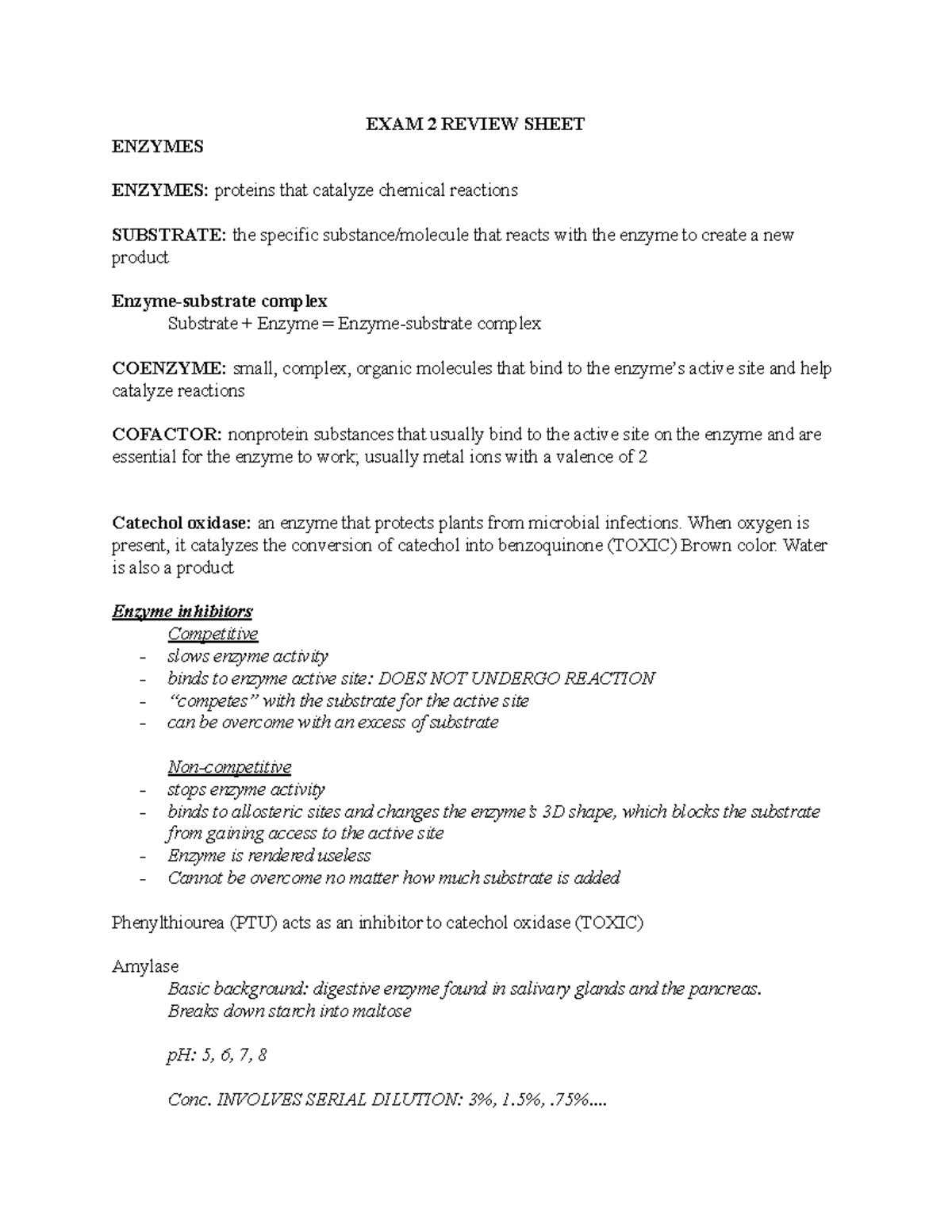 Exam 2 Review Sheet for Bio II: Enzymes, Cellular Respiration, Genetics ...