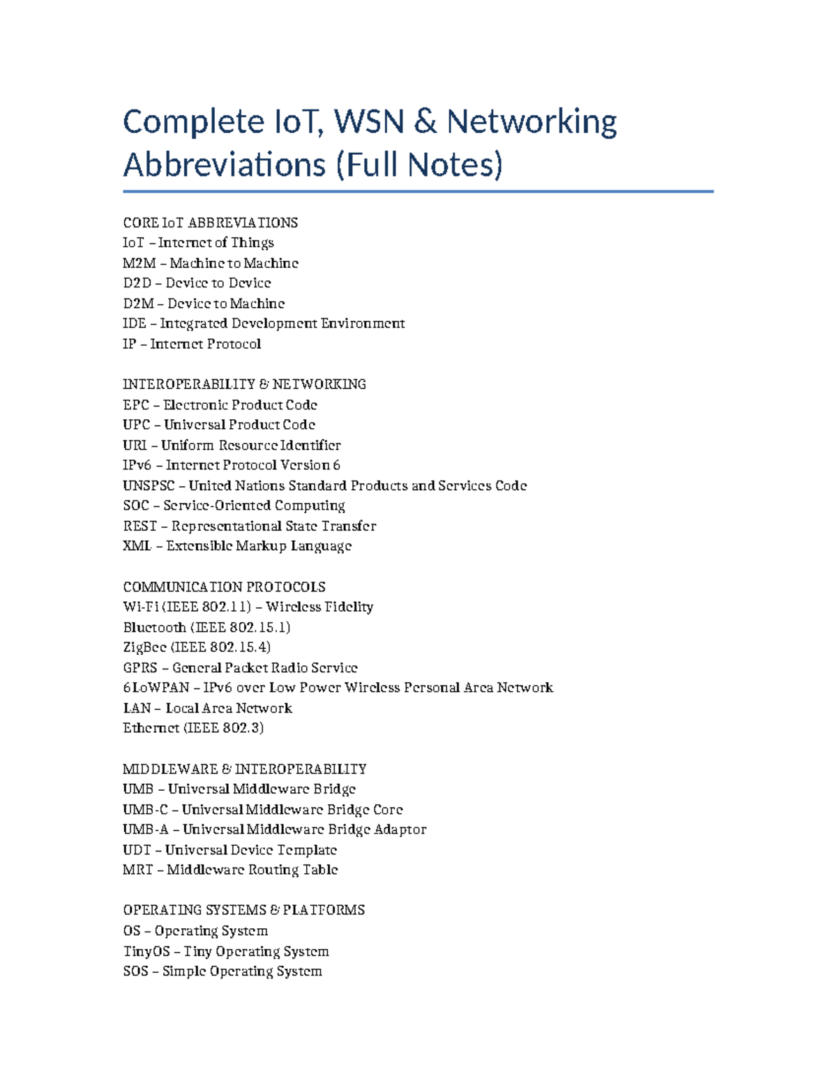 Complete IoT & WSN Networking Abbreviations - CORE Notes - Studocu