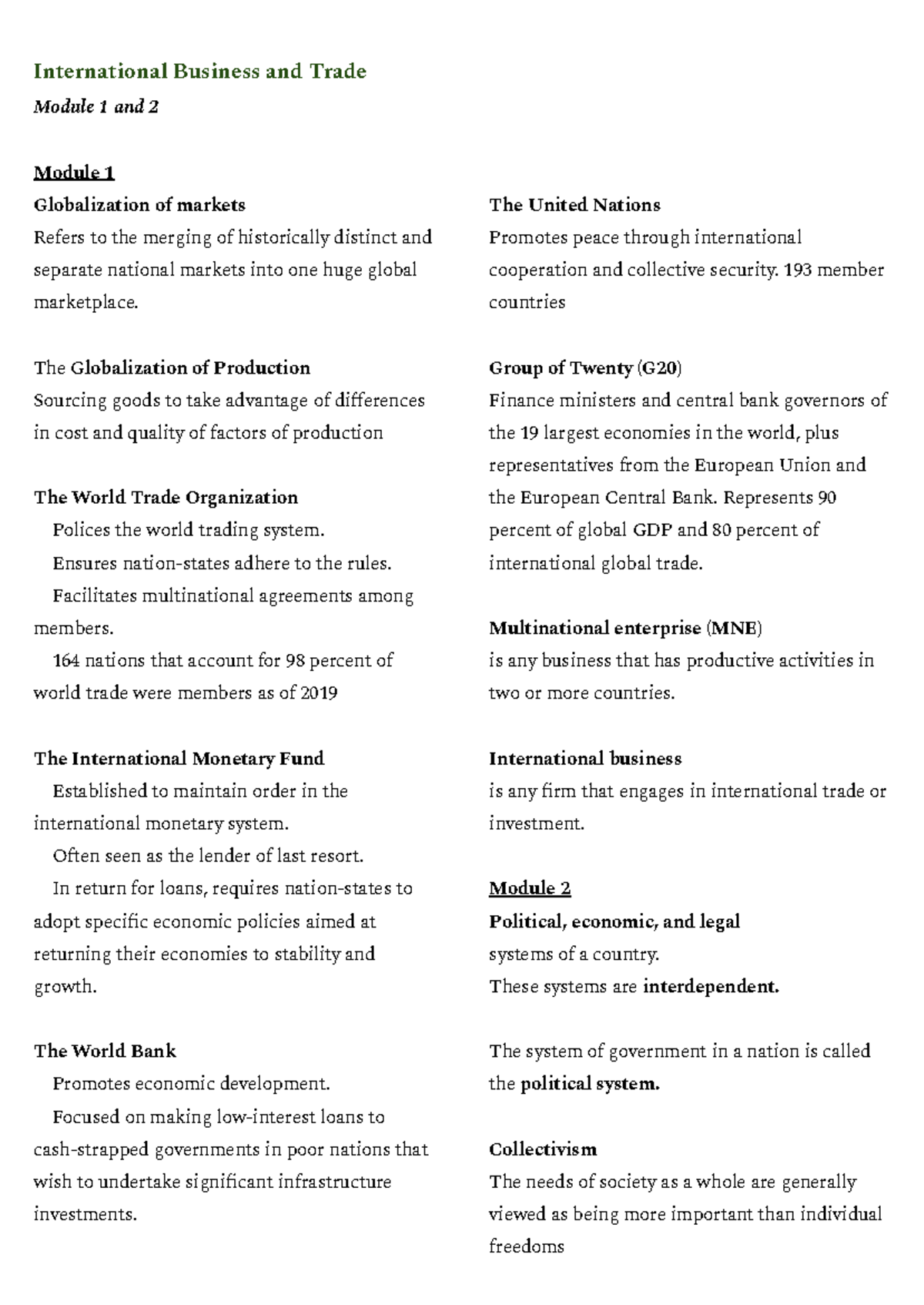 International Business and Trade (IBT) Modules 1 & 2 Overview - Studocu