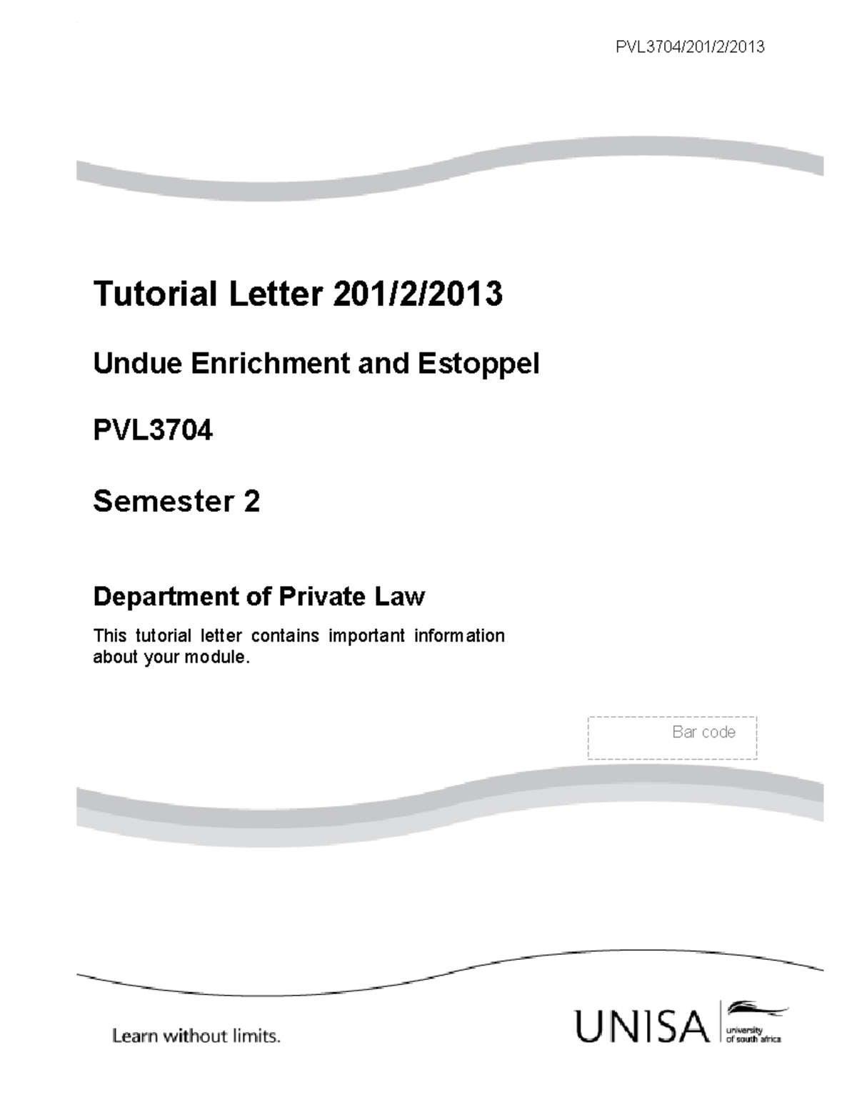 PVL3704 Tutorial Letter: Undue Enrichment & Estoppel Overview - Studocu