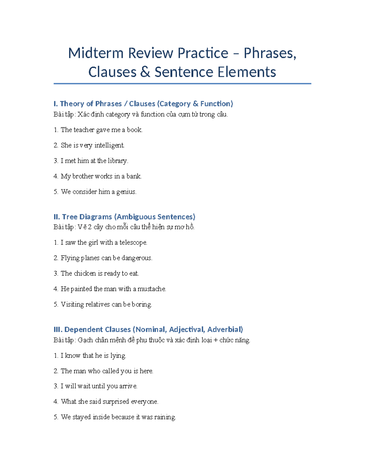 Midterm Review: Phrases, Clauses & Sentence Elements Exercises - Studocu