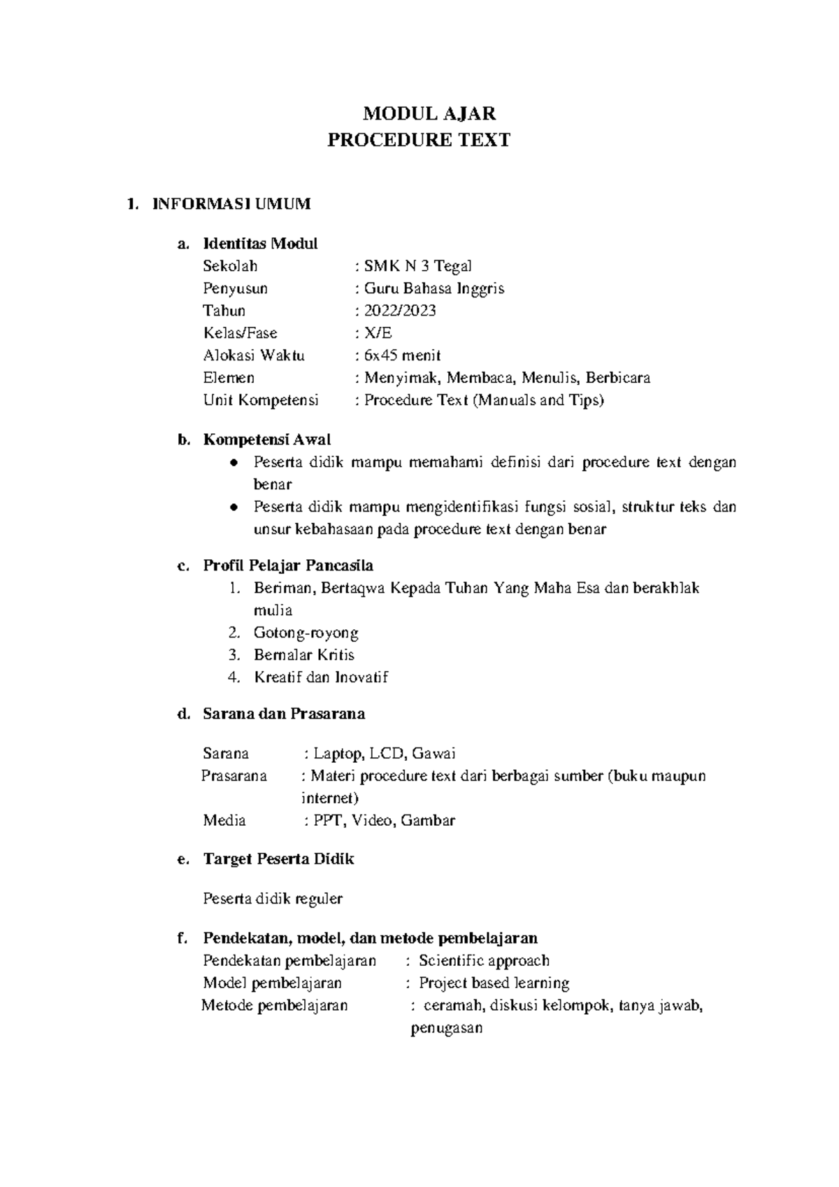 Modul Ajar: Procedure Text untuk Kelas X di SMK N 3 Tegal - Studocu
