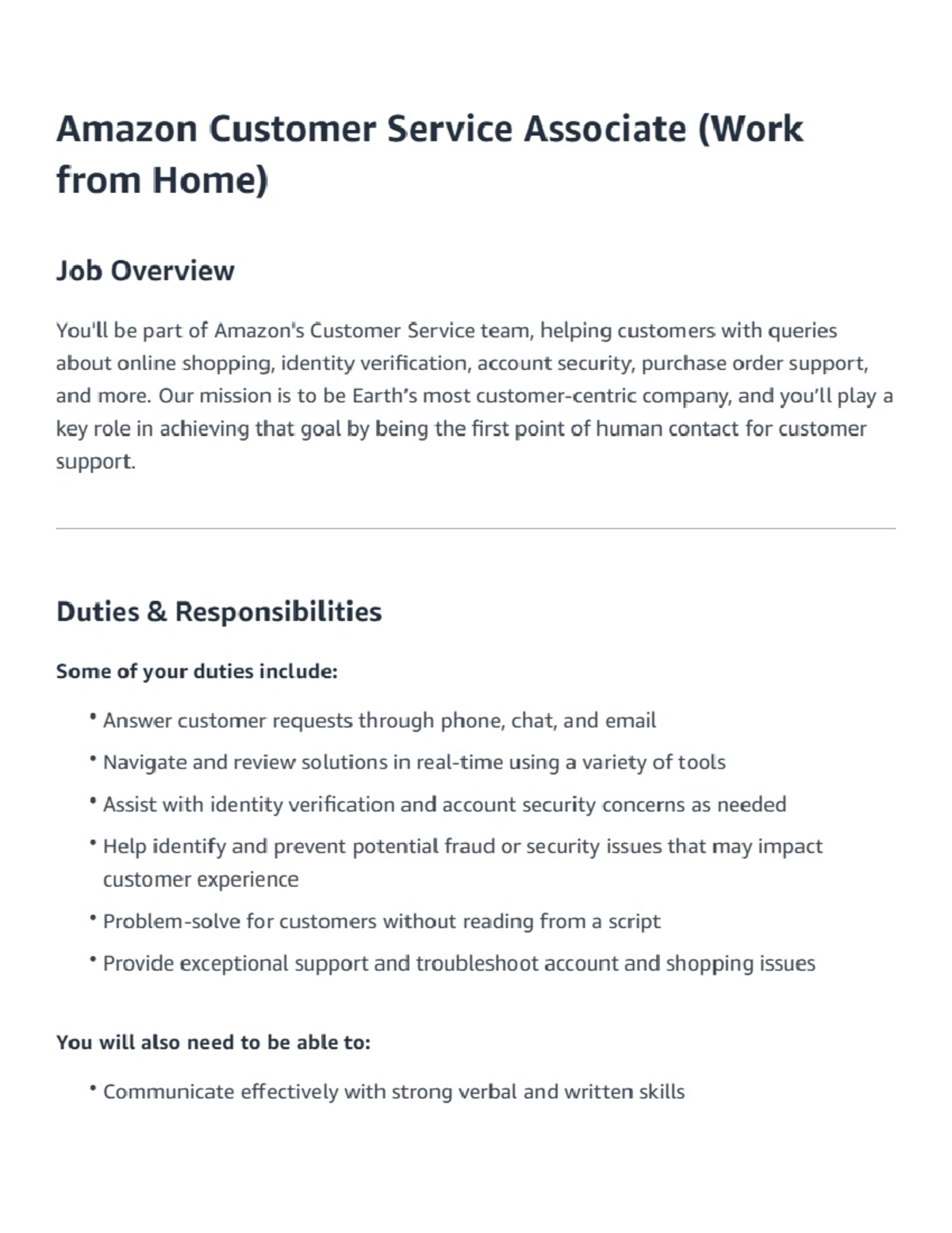 Amazon Customer Service Associate Job Description (Remote) - Studocu