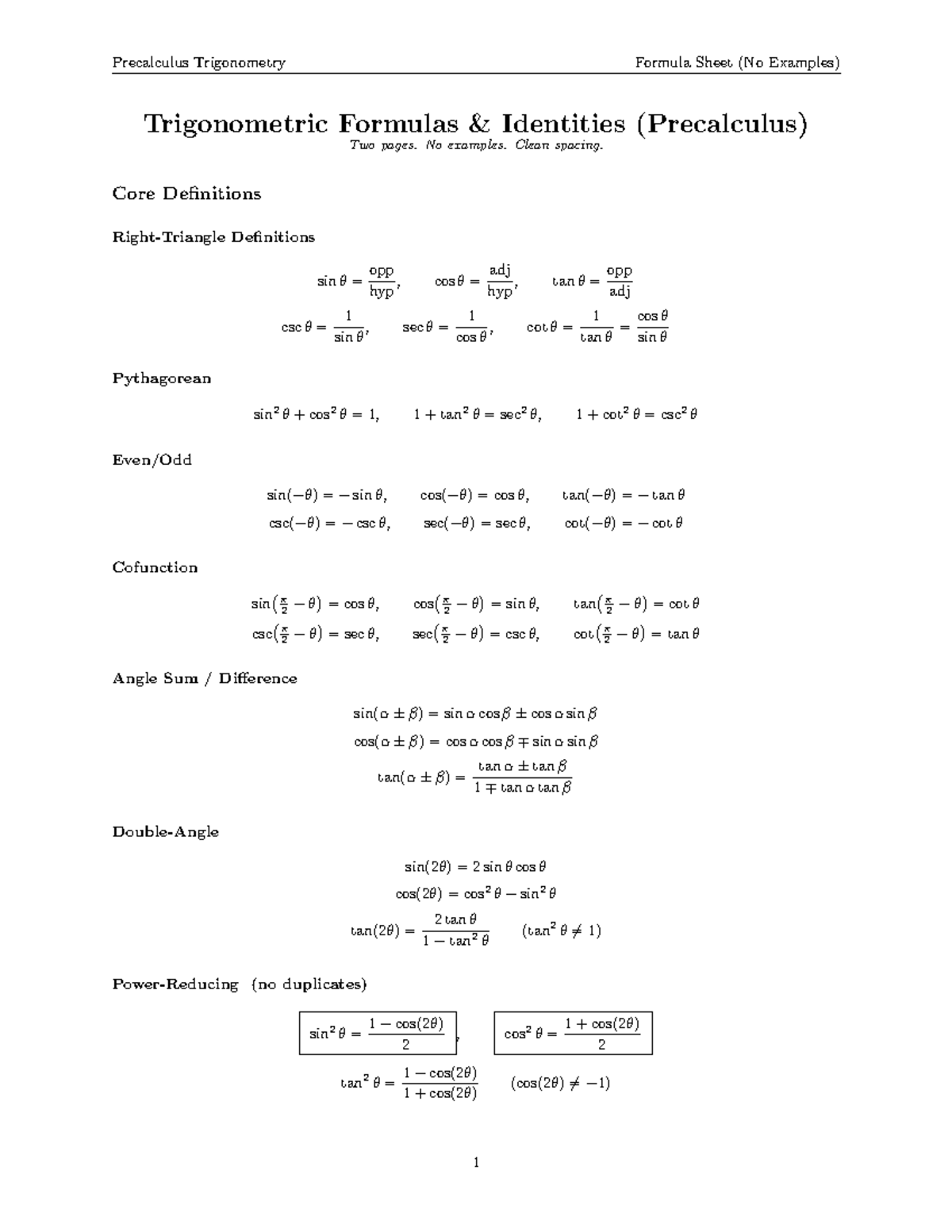 Precalculus Trigonometry Formula Sheet - Studocu