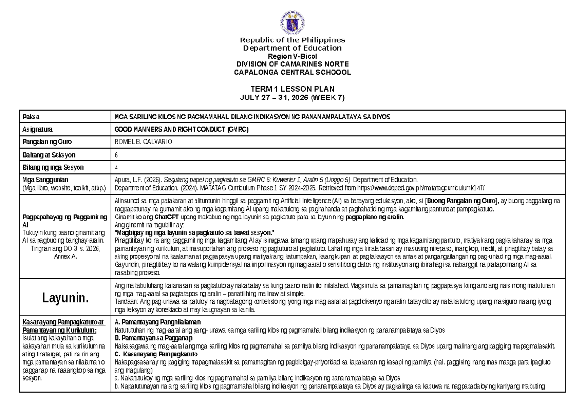 G6 GMRC Term 1 Lesson Plan Week 7: Kilos ng Pagmamahal at Pananampalataya - Document Preview