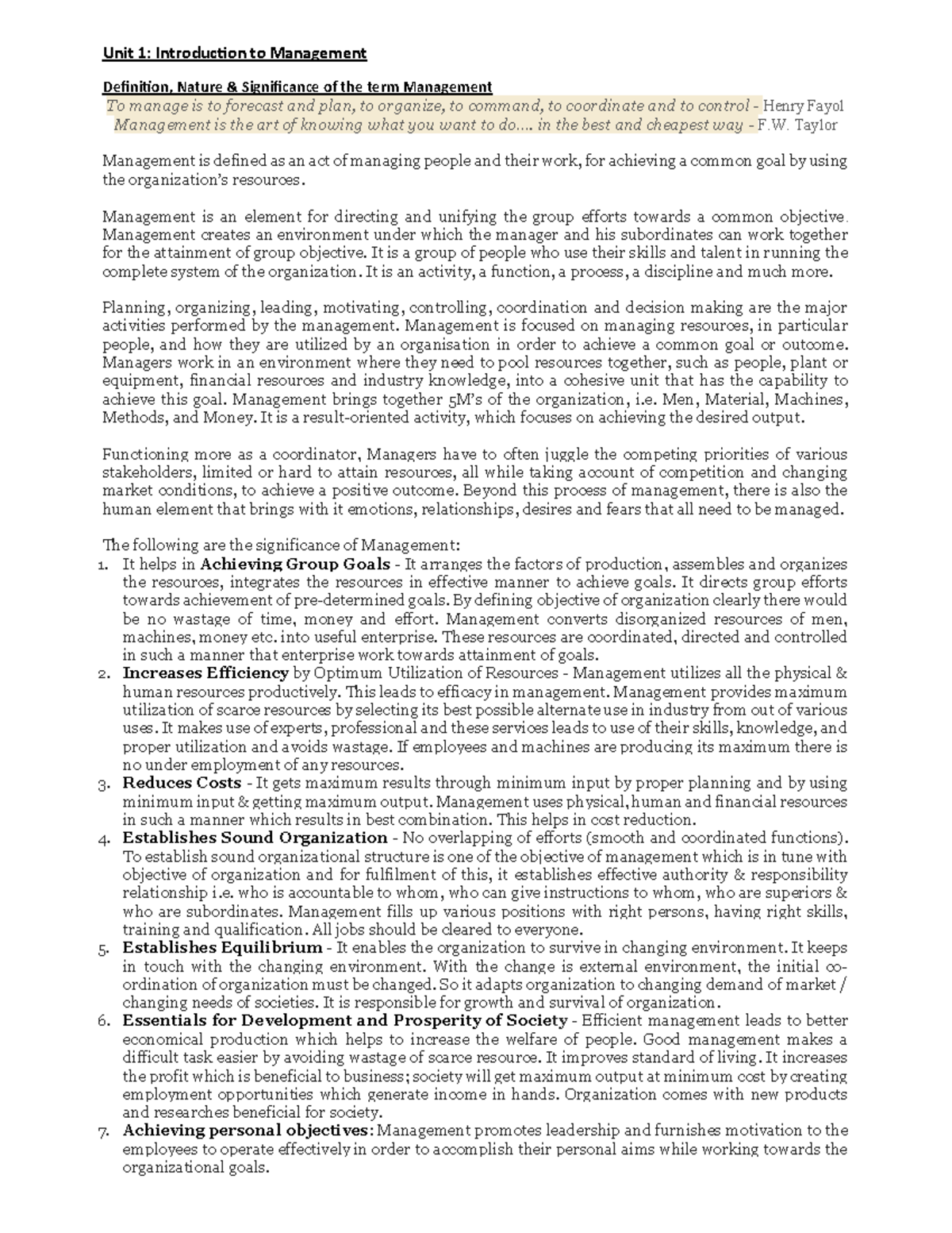 CC101 Principles and Practices of Management: Unit 1 - Introduction to ...