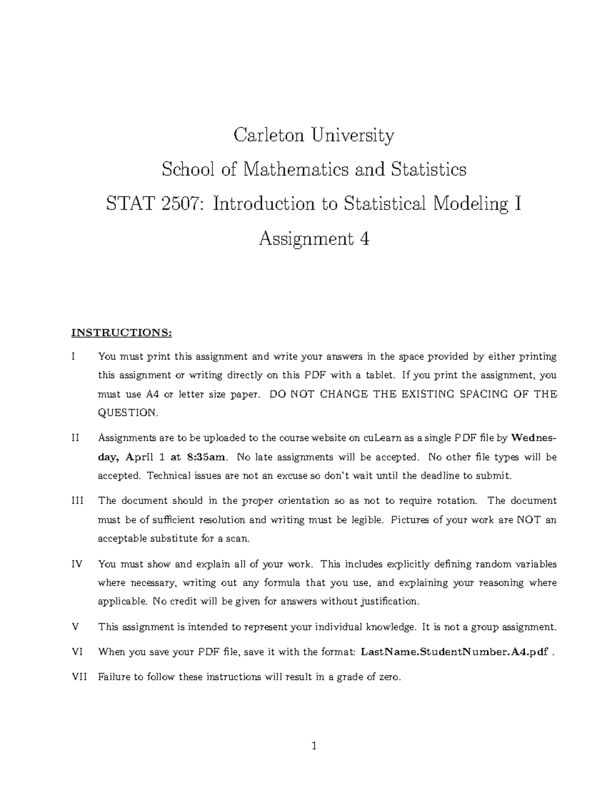 STAT 2507 Assignment 4 2020 Winter - Carleton University School of ...