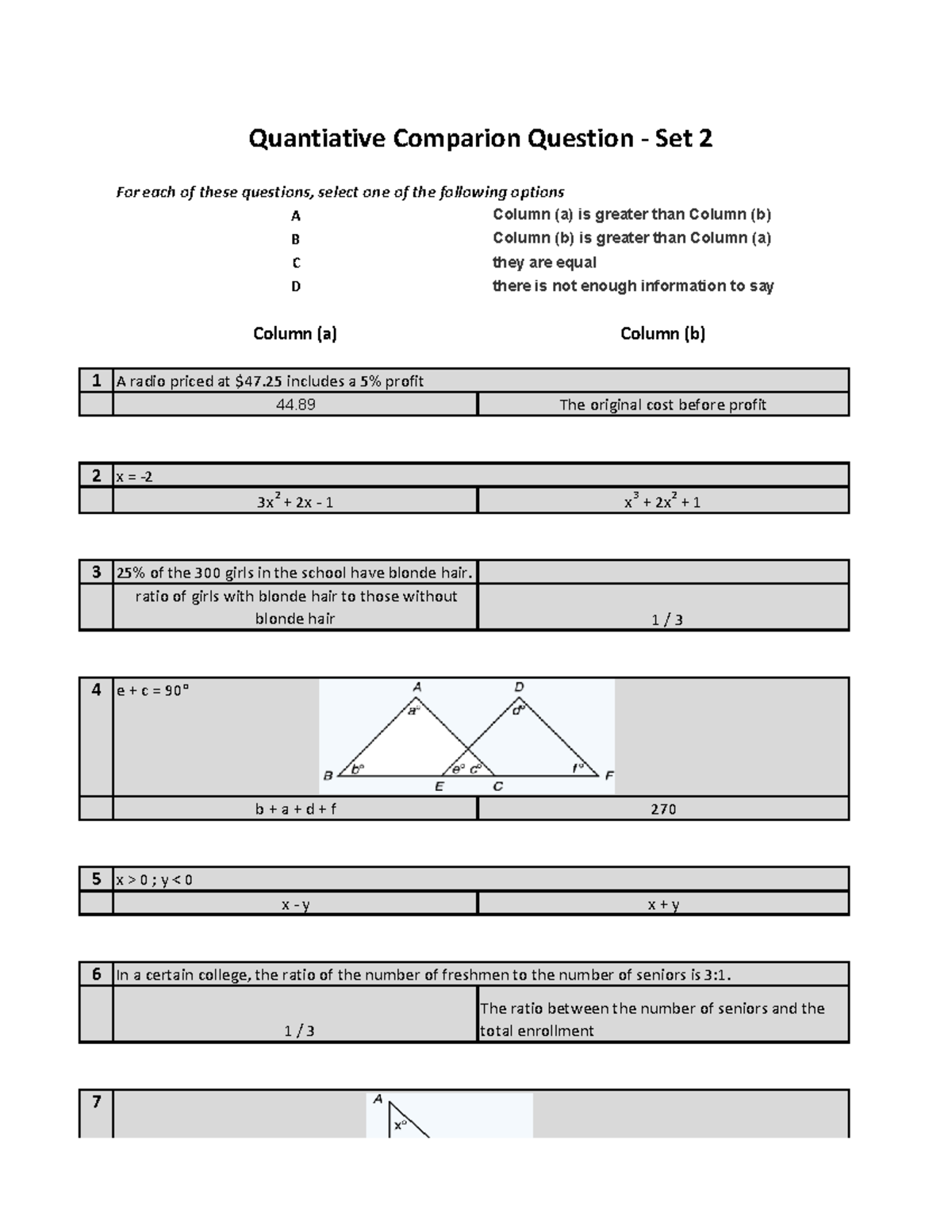 Quantitative Comparison Questions - Set 2 - Studocu