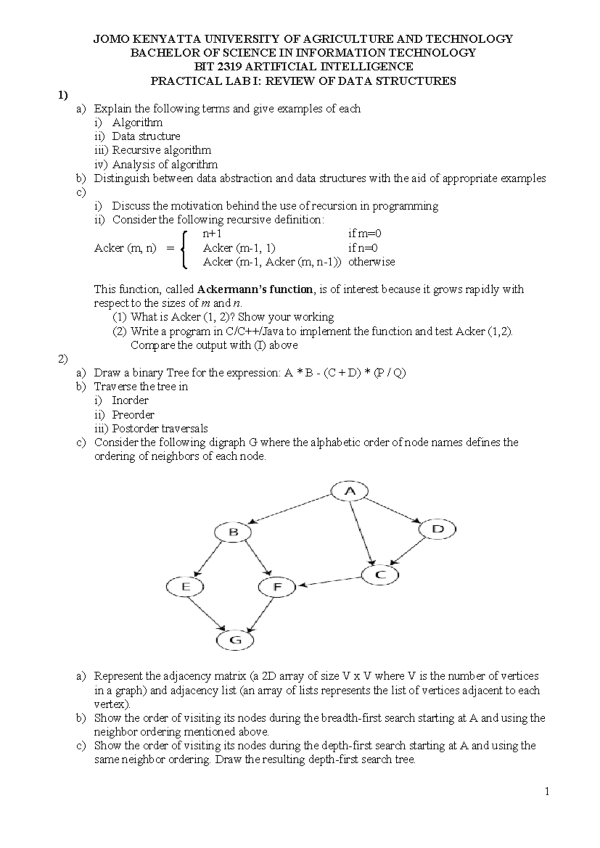 BIT 2319 Lab Practical I: Data Structures Review and Algorithms - Studocu