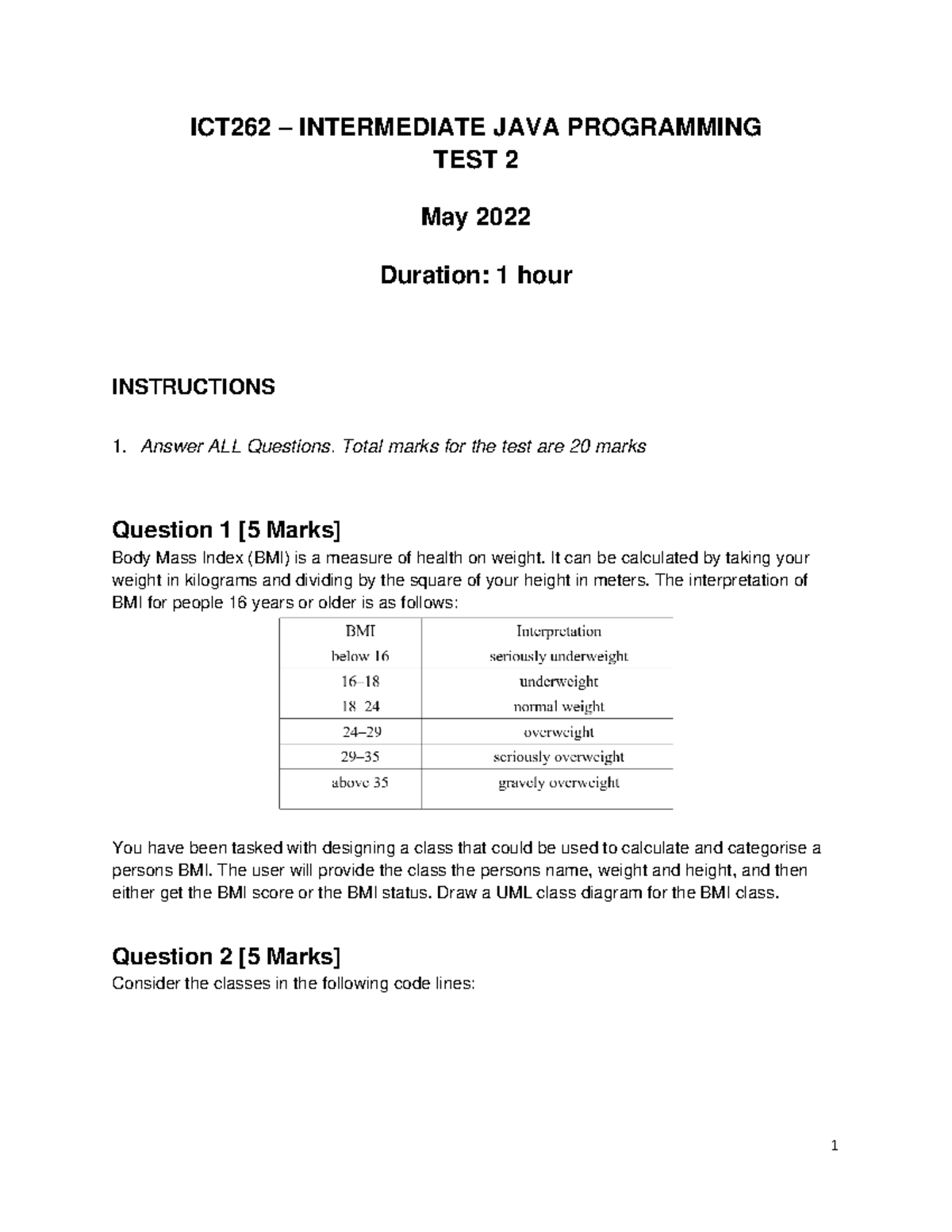 ICT262 - Test - 2 - This is assessment 2 of Intermediate Java ...