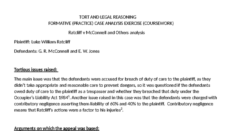 Tort case analysis - TORT AND LEGAL REASONING FORMATIVE (PRACTICE) CASE ...