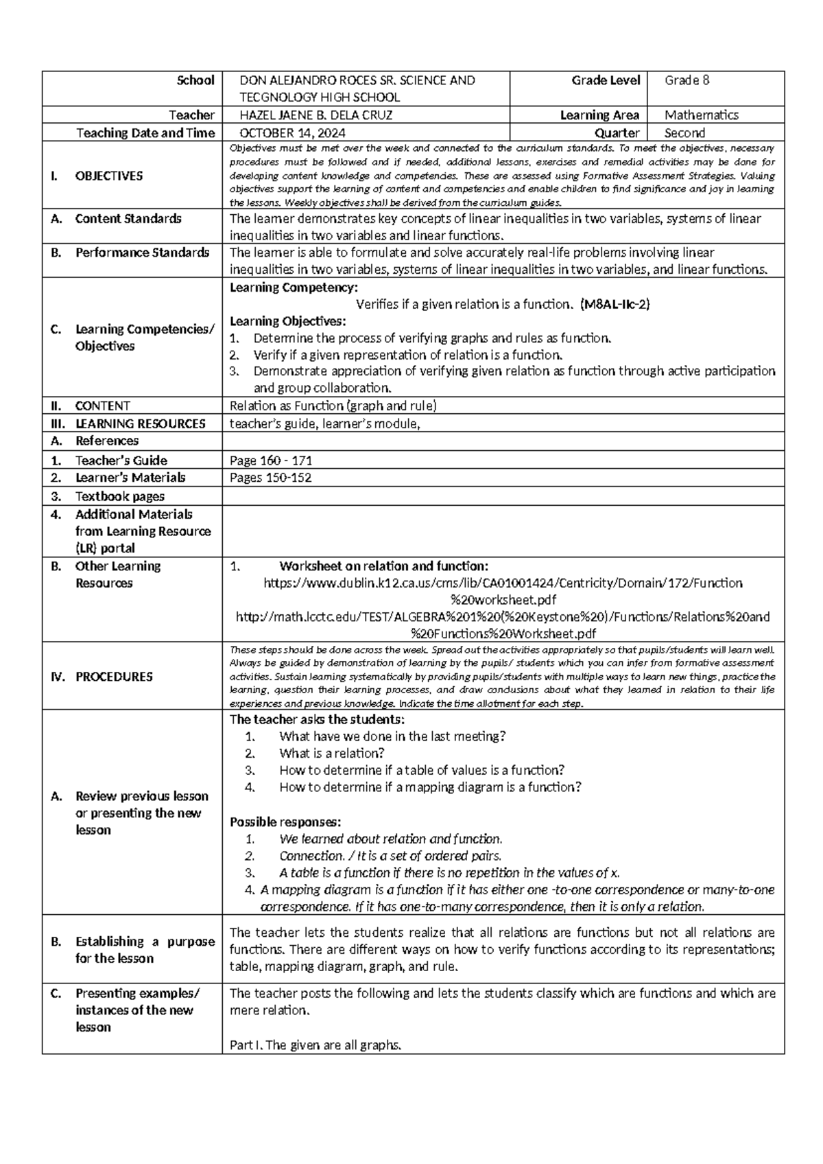 Mathematics 8 1st Quarter - School DON ALEJANDRO ROCES SR. SCIENCE AND ...