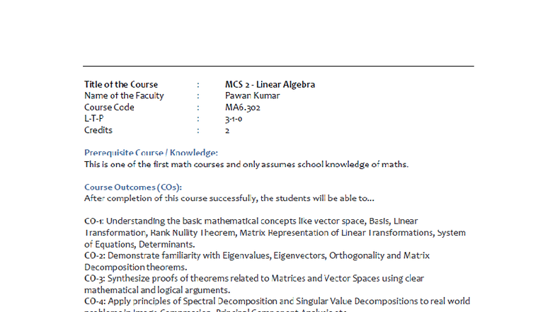 MCS 2 MA6.302 Linear Algebra Course Syllabus Overview - Studocu