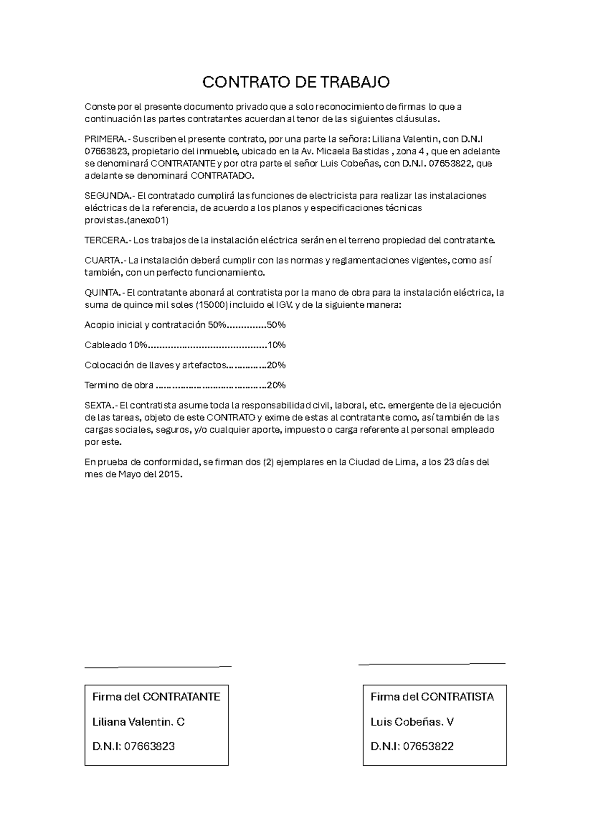 Contrato de Trabajo para Instalaciones Eléctricas - PA TI - Document Preview