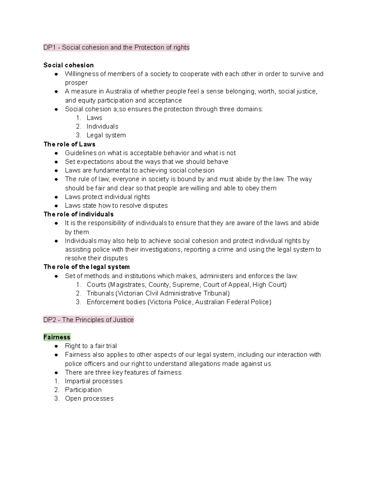 Legal Studies AOS1: Social Cohesion & Justice Principles Notes - Studocu