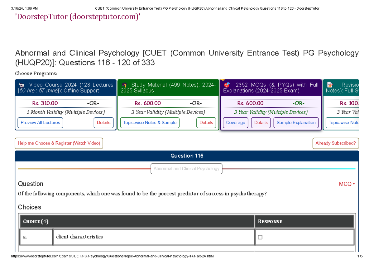 CUET PG Psychology (HUQP20) Abnormal & Clinical Psych Qs 116-120 - Studocu