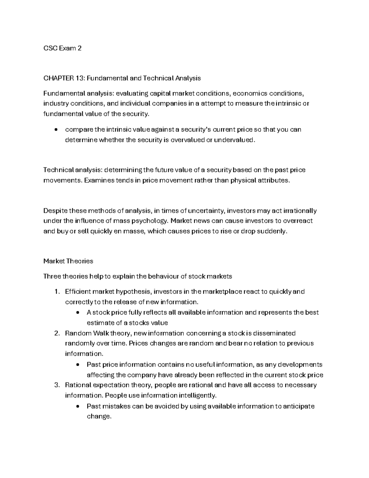 CSC 2 Study Notes: Fundamental & Technical Analysis Overview - Studocu
