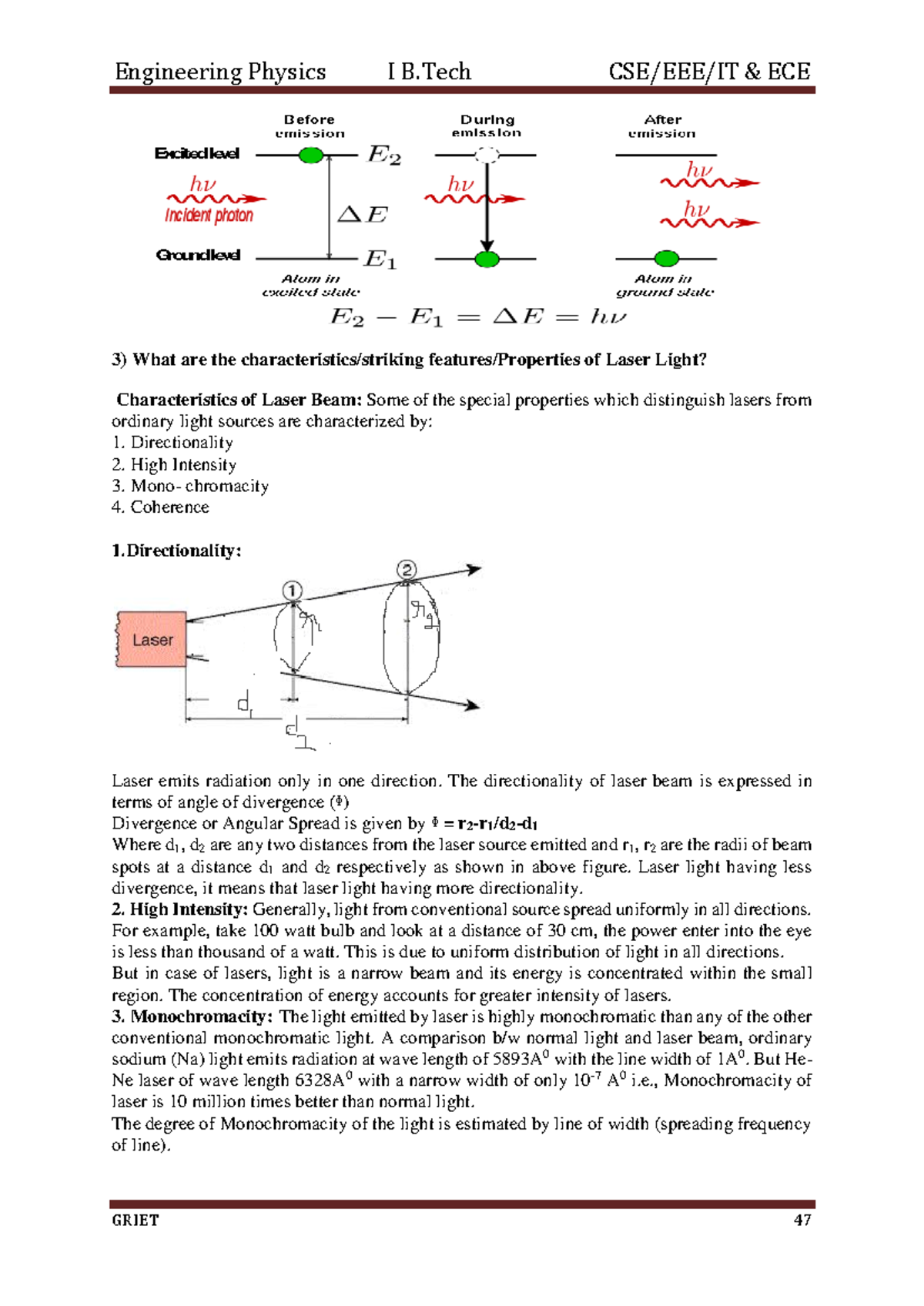 Engineering Physics Notes (1) - Properties & Concepts of Laser Light ...